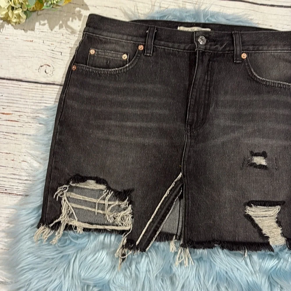 Free People Denim Mini Skirt Relaxed Ripped Washed Black